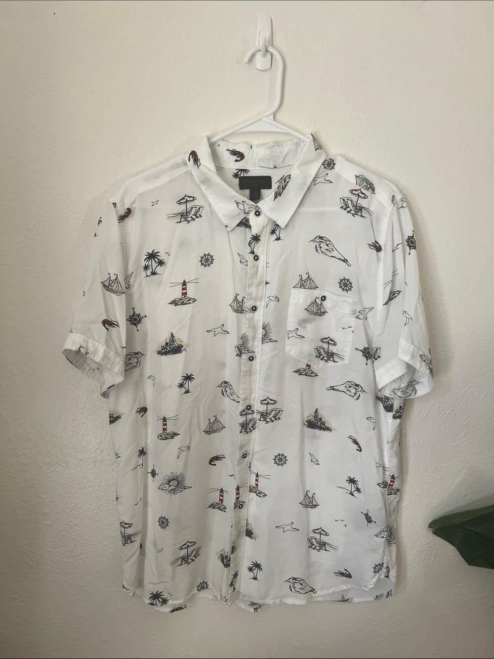 Magaschoni White Short-Sleeve Button-Down with Nautical Motif. 
Beach Casual